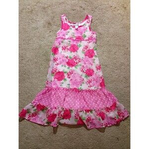 Vintage Pinky Pink White Roses Silky Ruffle Dress Easter Size 6